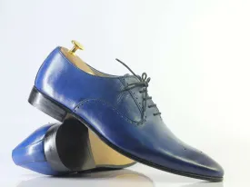 Handmade Men Blue Leather Wing Tip Brogue Shoes, Men Dress Formal Designer Shoes