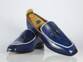 Handmade Men's Blue Leather Loafer Shoes, Men Tussle Stylish Designer Shoes