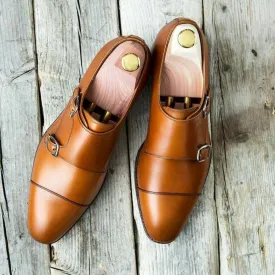 Handmade Men's Tan Brown Leather Cap Toe Double Monk Strap Shoes, Men Designer Dress Formal Luxury Shoes