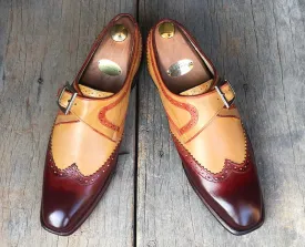 Handmade Men's Tan Burgundy Wing Tip Leather Shoes, Men Monk Strap Designer Shoes