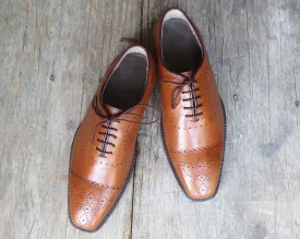 Handmade Men's Tan Cap Toe Brogue Leather Lace Up Shoes, Men Designer Dress Formal Shoes