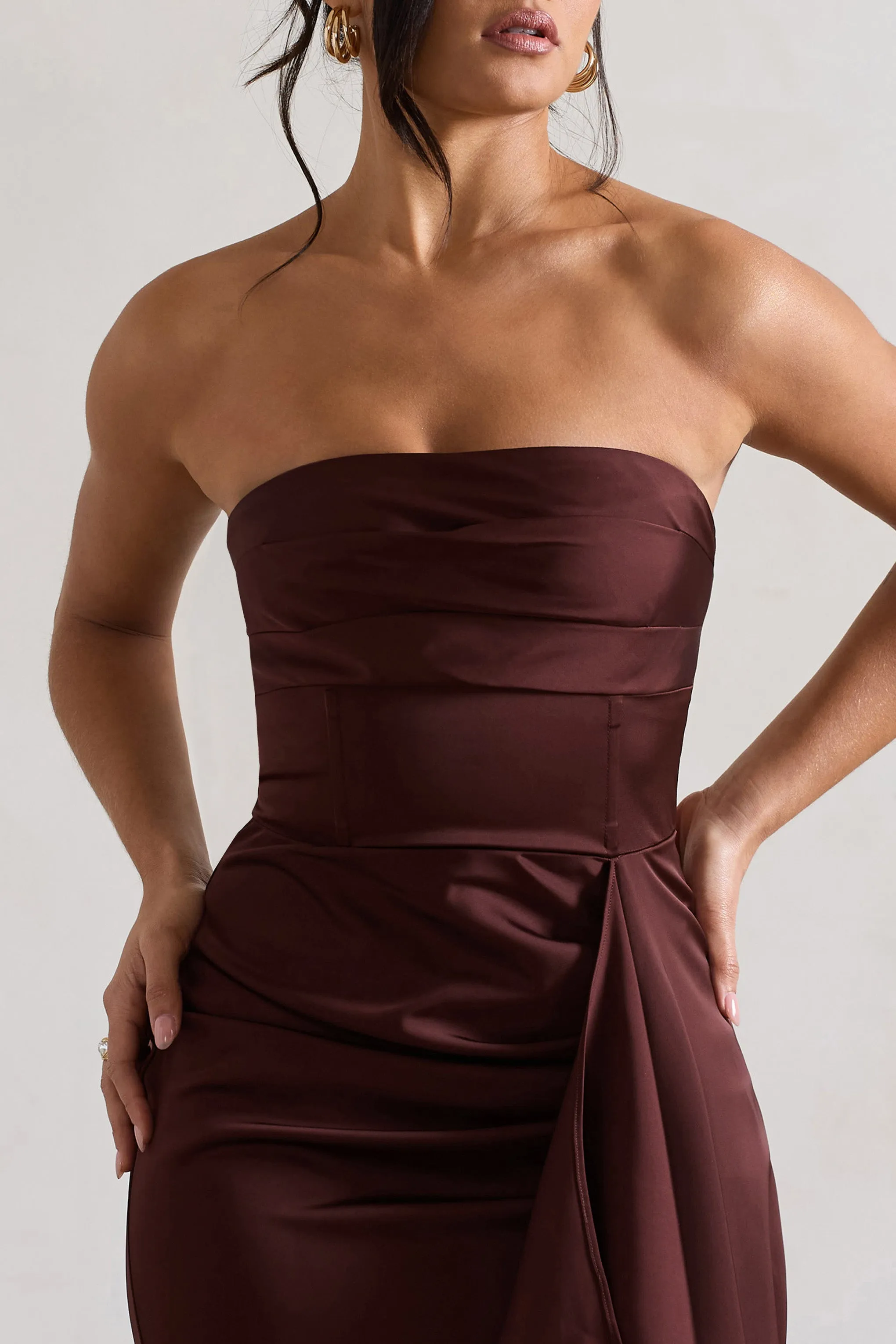 Ace | Chocolate Brown Satin Bandeau Split Maxi Dress With Ruffle Drape