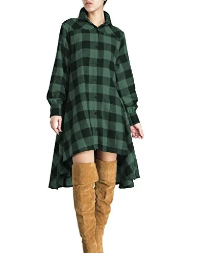 Amy Fashion - Christmas Plaids V Neck Long Sleeve Irregular Hem Dress