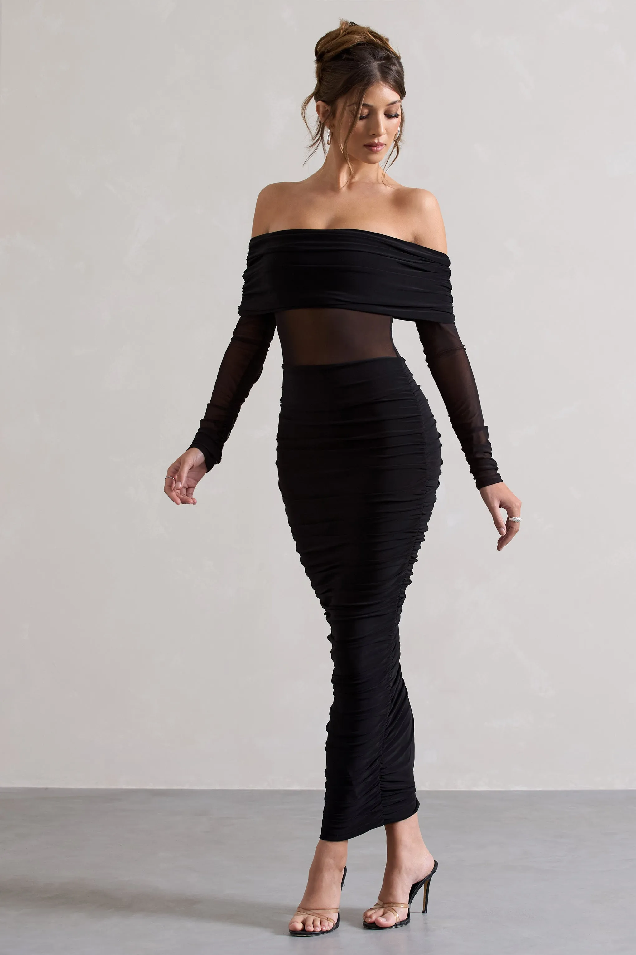 Apollo | Black Ruched Bardot Long-Sleeve Maxi Dress