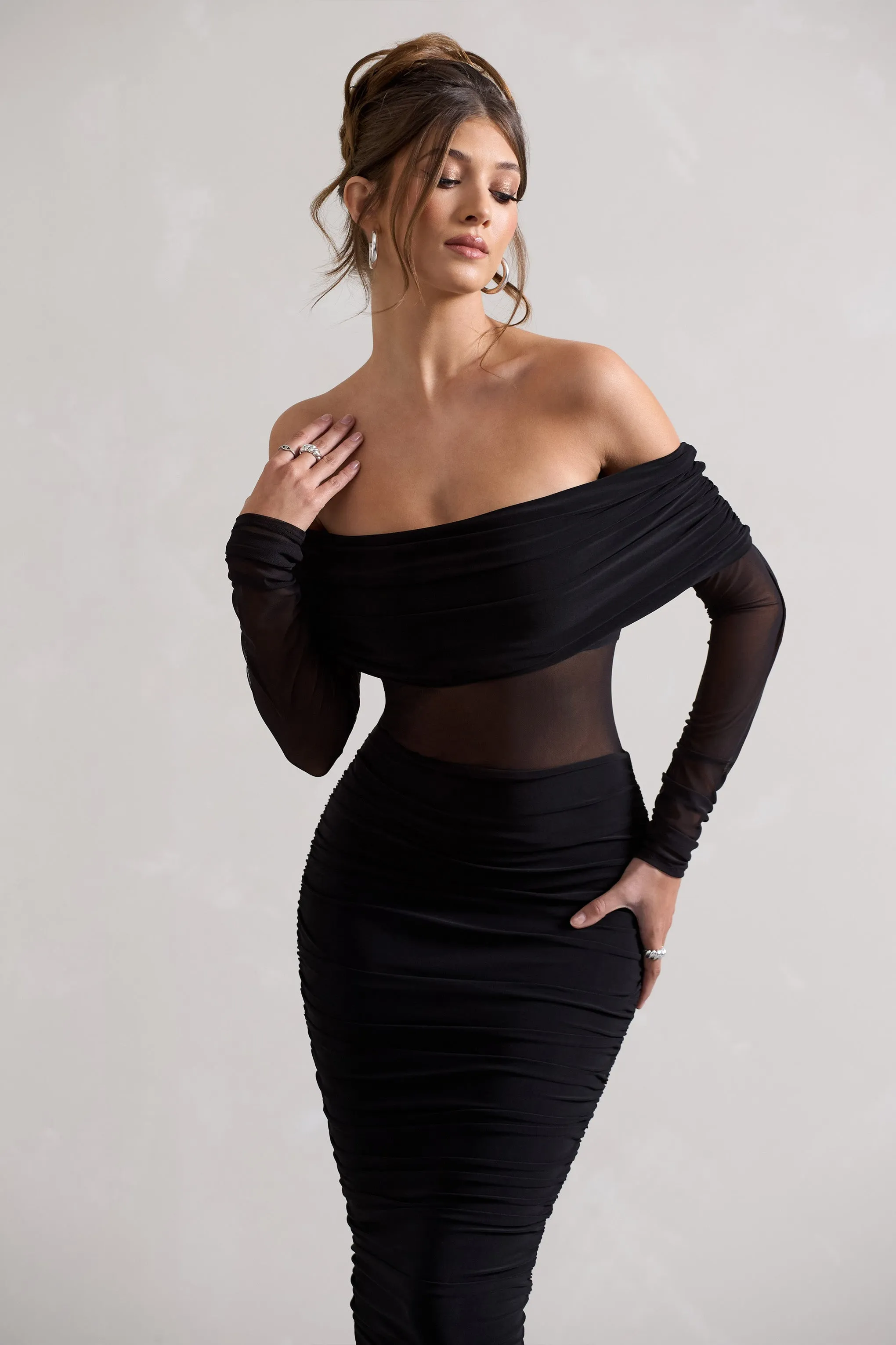 Apollo | Black Ruched Bardot Long-Sleeve Maxi Dress