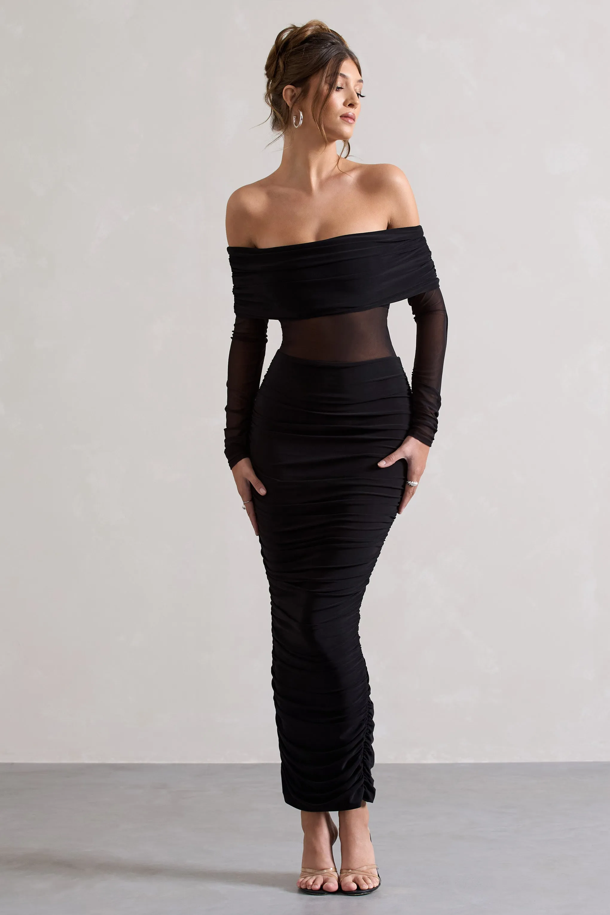 Apollo | Black Ruched Bardot Long-Sleeve Maxi Dress