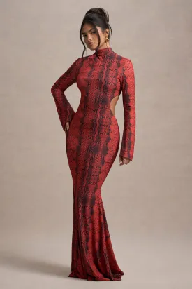 Arabia | Red Snake Print High-Neck Cut-Out Maxi Dress