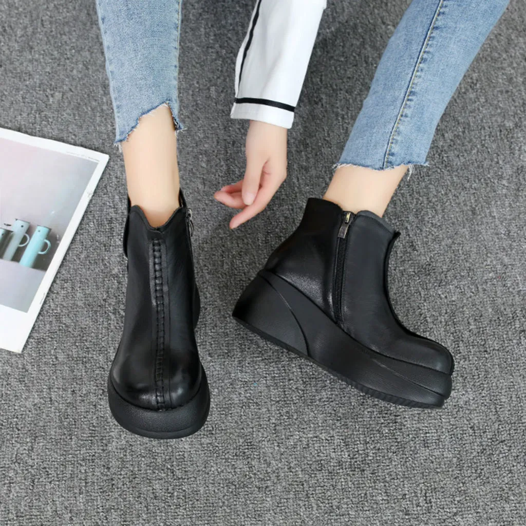 Autumn Winter Leather Retro Thick Ankle Boots | Gift shoes