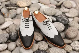 Awesome Handmade Men's Black White Leather Wing Tip Brogue Shoes, Men Dress Formal Shoes