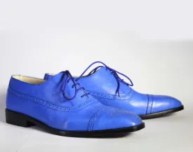 Awesome Handmade Men's Blue Leather Cap Toe Brogue Lace Up Shoes, Men Designer Dress Formal Luxury Shoes