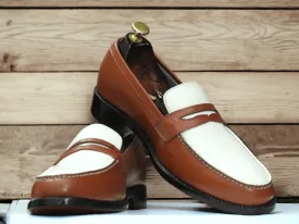 Awesome Men's Handmade White & Brown Loafer Shoes, Men Formal Dress Shoes