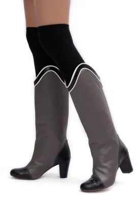 Dusty Grey and Black Cruelty Free Leather Long Boots