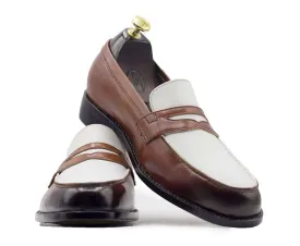 Elegant Men's Handmade Brown White Leather Round Toe Loafers, Men Dress Formal Party Loafers