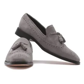 Elegantly Designed Men’s Handmade Tassel Loafer Suede Shoes, Men Gray suede Loafers