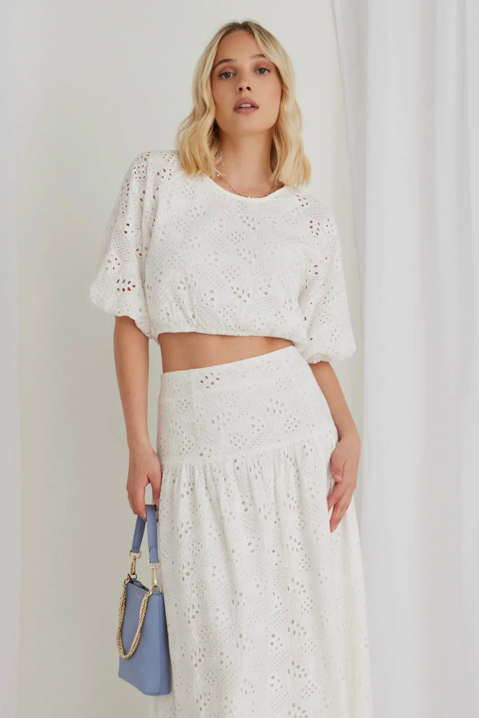 Embellish White Broidery Anglaise Cropped Puff Sleeve Top