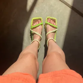 Green Pom Pom Square toe Sandals