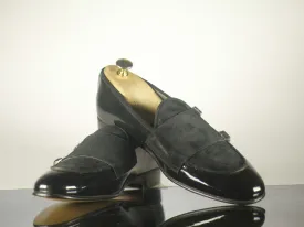 Handmade Men's Black Patent Leather Suede Double Buckle Shoes, Men Designer Dress Formal Luxury Shoes