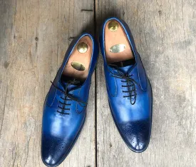 Handmade Men's Blue Brogue Leather Shoes, Men Pointed Toe Lace Up Dress Shoes