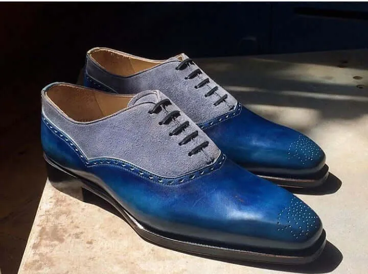 Handmade Men's Blue Leather Gray Suede Dress Shoes, Men Wing Tip Brogue Shoes