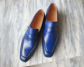 Handmade Men's Blue Leather Loafer Shoes, Men Designer Dress Formal Luxury Shoes