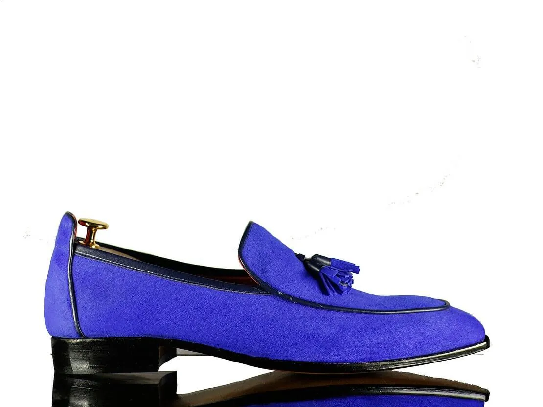 Handmade Men's Blue Suede Tassel Loafer, Men Dress Formal Shoes