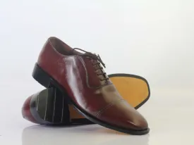 Handmade Men's Burgundy Cap Toe Leather Lace Up Shoes, Men Designer Dress Formal Shoes