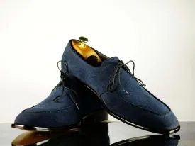 Handmade Men's Navy Blue Suede Derby Lace Up Shoes, Men Designer Dress Formal Luxury Shoes