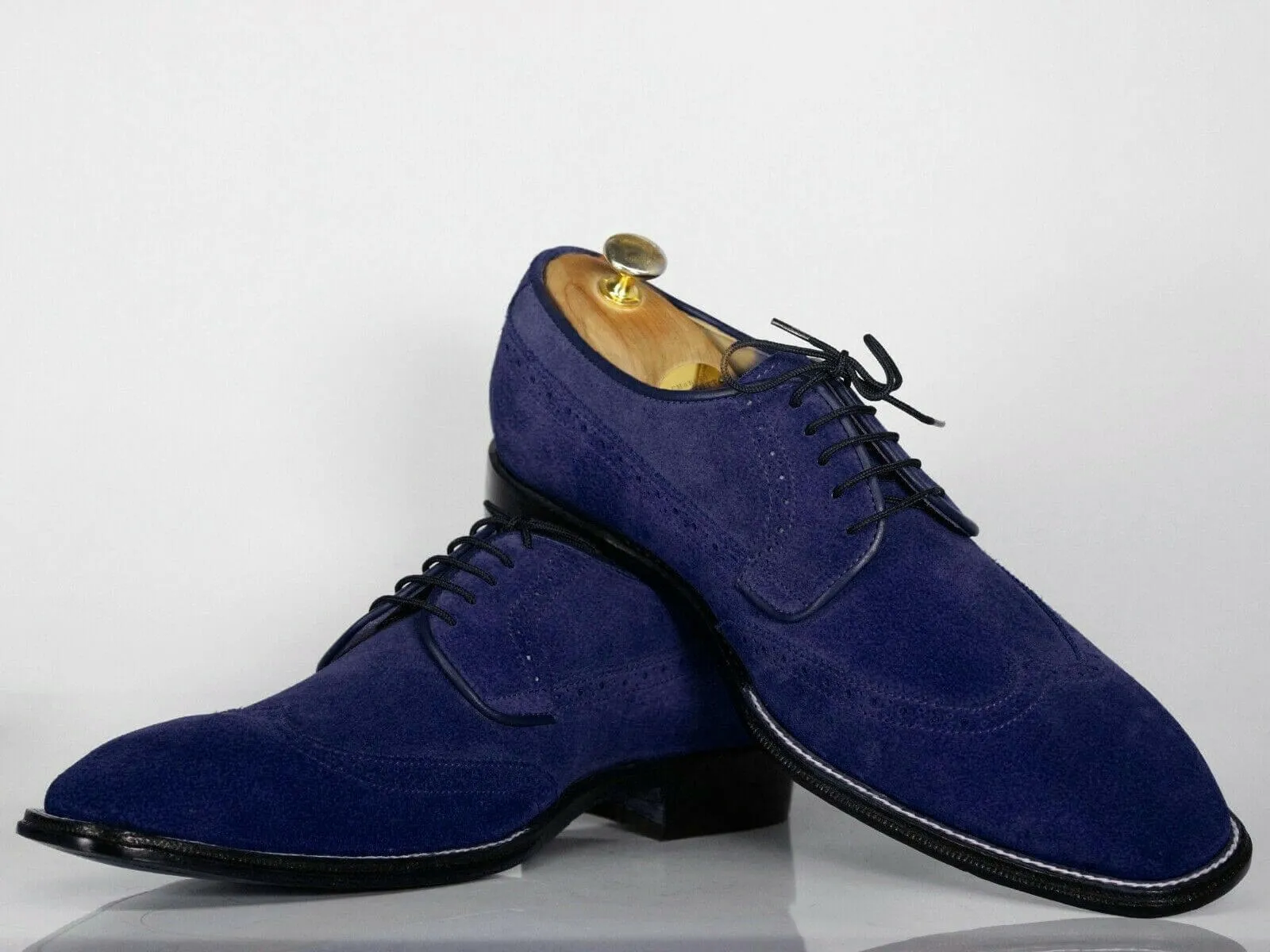 Handmade Men's Navy Blue Wing Tip Suede Lace Up Shoes, Men Designer Dress Formal Shoes