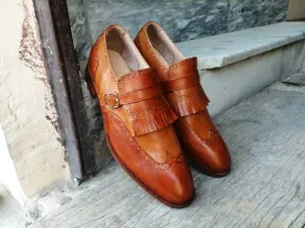 Handmade Men's Tan Brown Wing Tip Leather Fringes Monk Strap Shoes, Men Designer Dress Formal Luxury Shoes