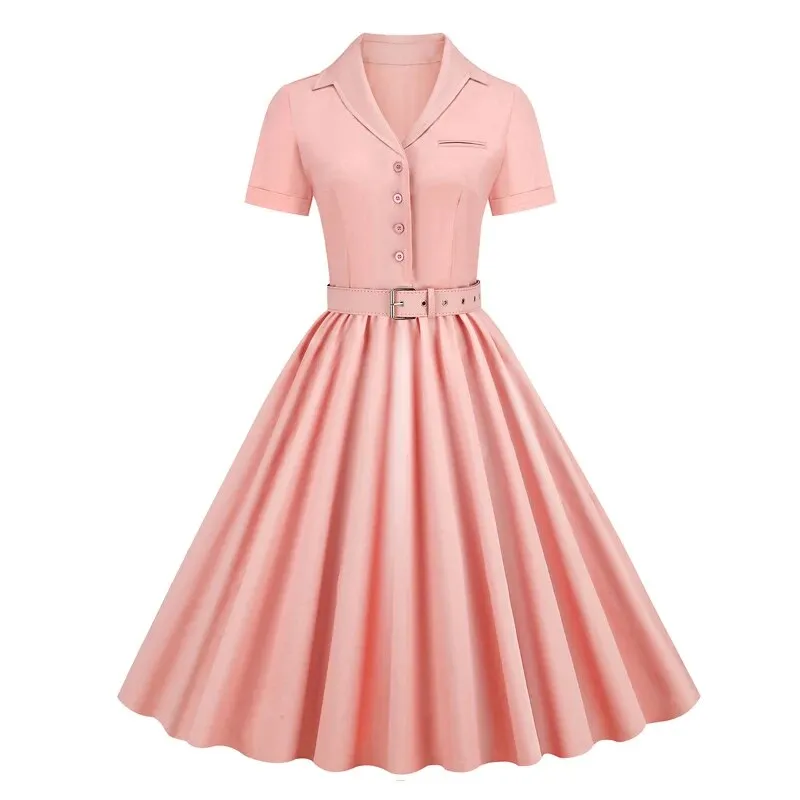 Solid Cotton Button Up Plain Vintage Dress, Short Sleeve Belted Pleated Midi Swing Retro Dress