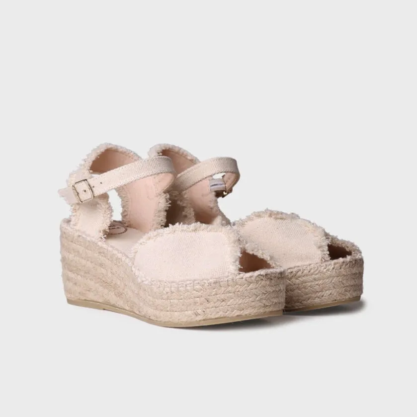 The Center Seam Frayed Canvas Espadrille in Ecru