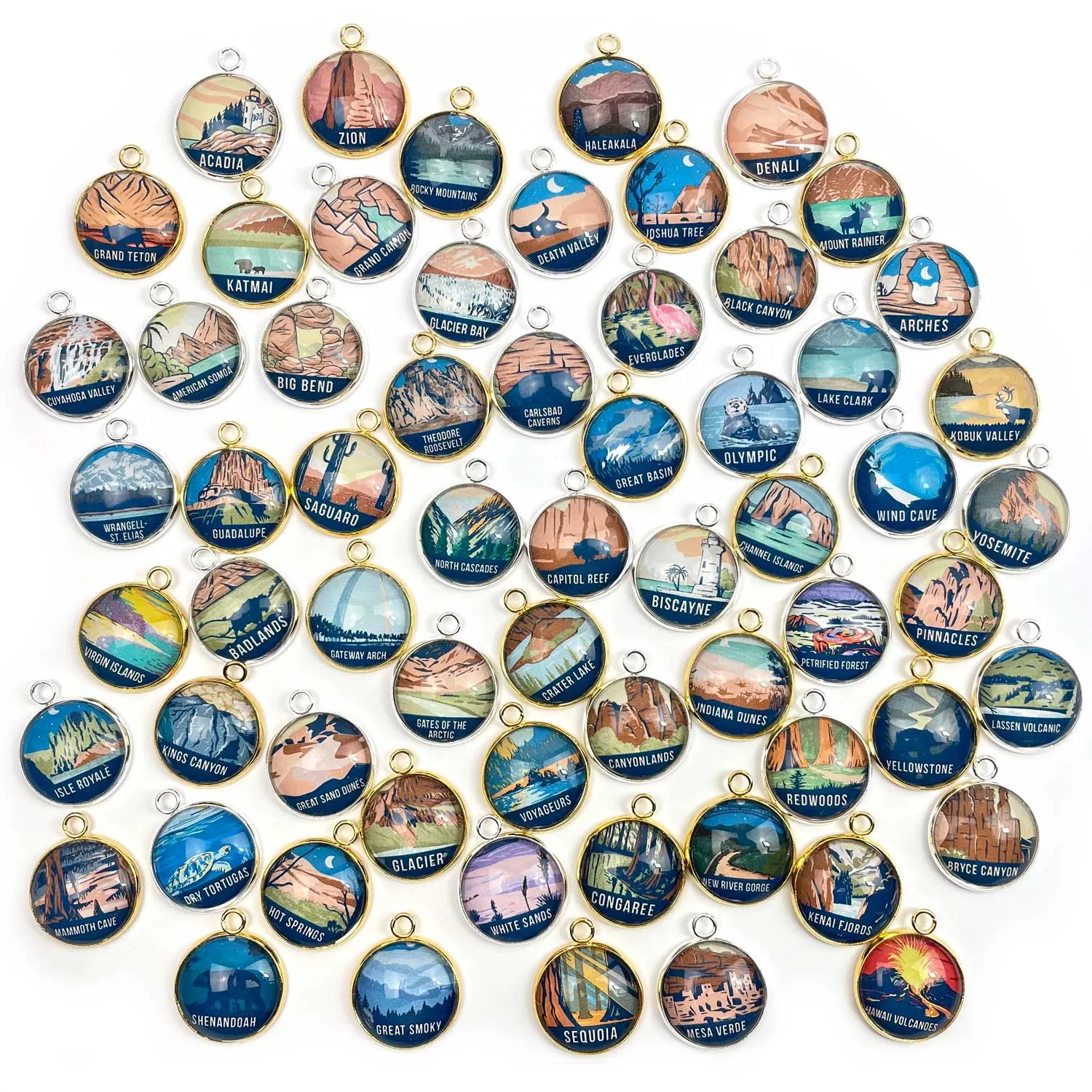 U.S. National Parks Charms for Jewelry Making – Glacier, Yosemite, Acadia, Zion, Yellowstone – 63 Colorful Glass Bulk Designer Charms